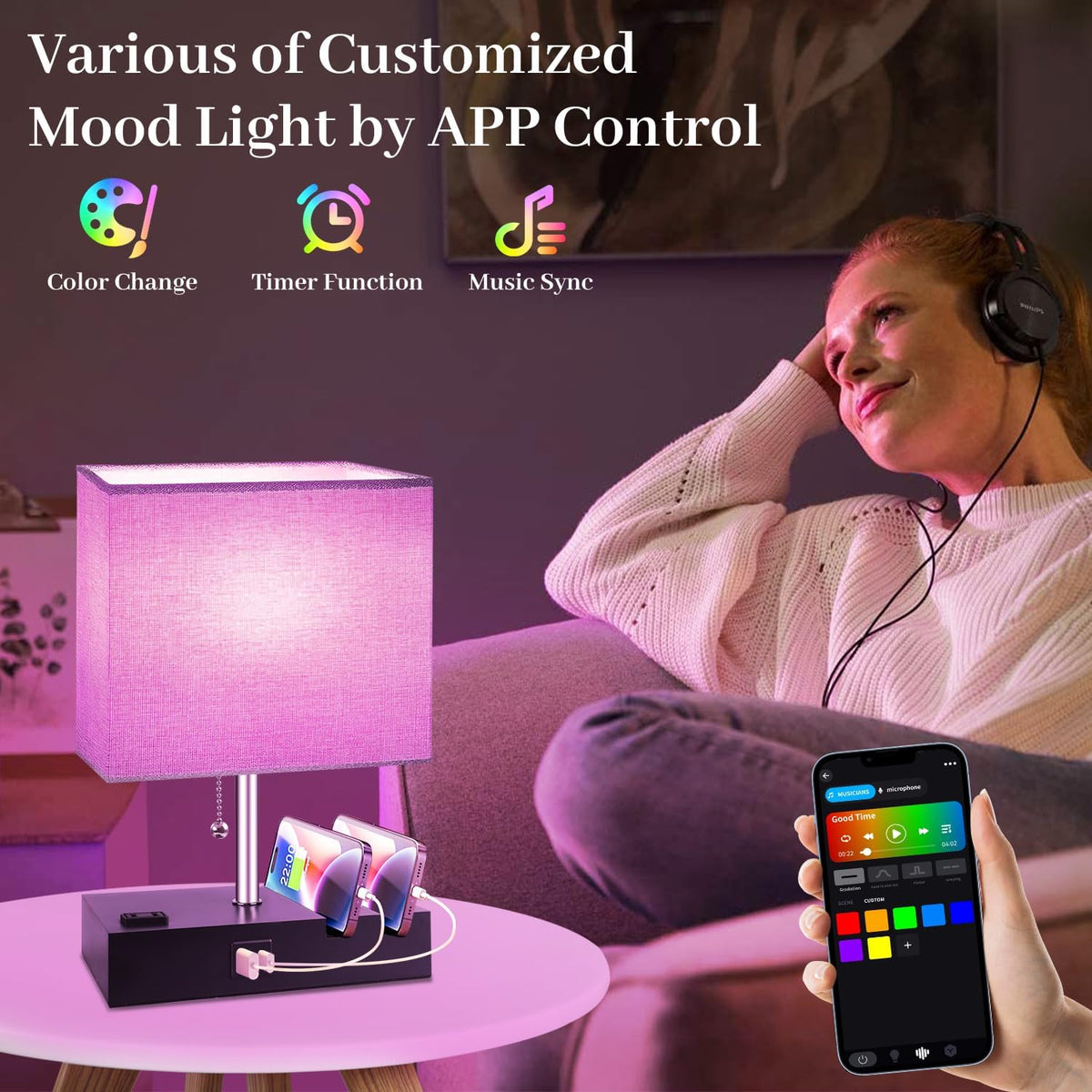 Smart RGB Dimmable Table Lamp Compatible with Alexa&APP&Remote Control, Gray