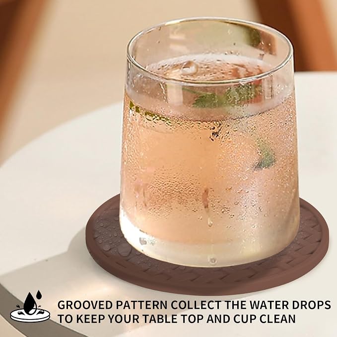 Brown Silicone Coaster with Holder Set of 6, 4 Inch Non-Slip Cup Mats | Round