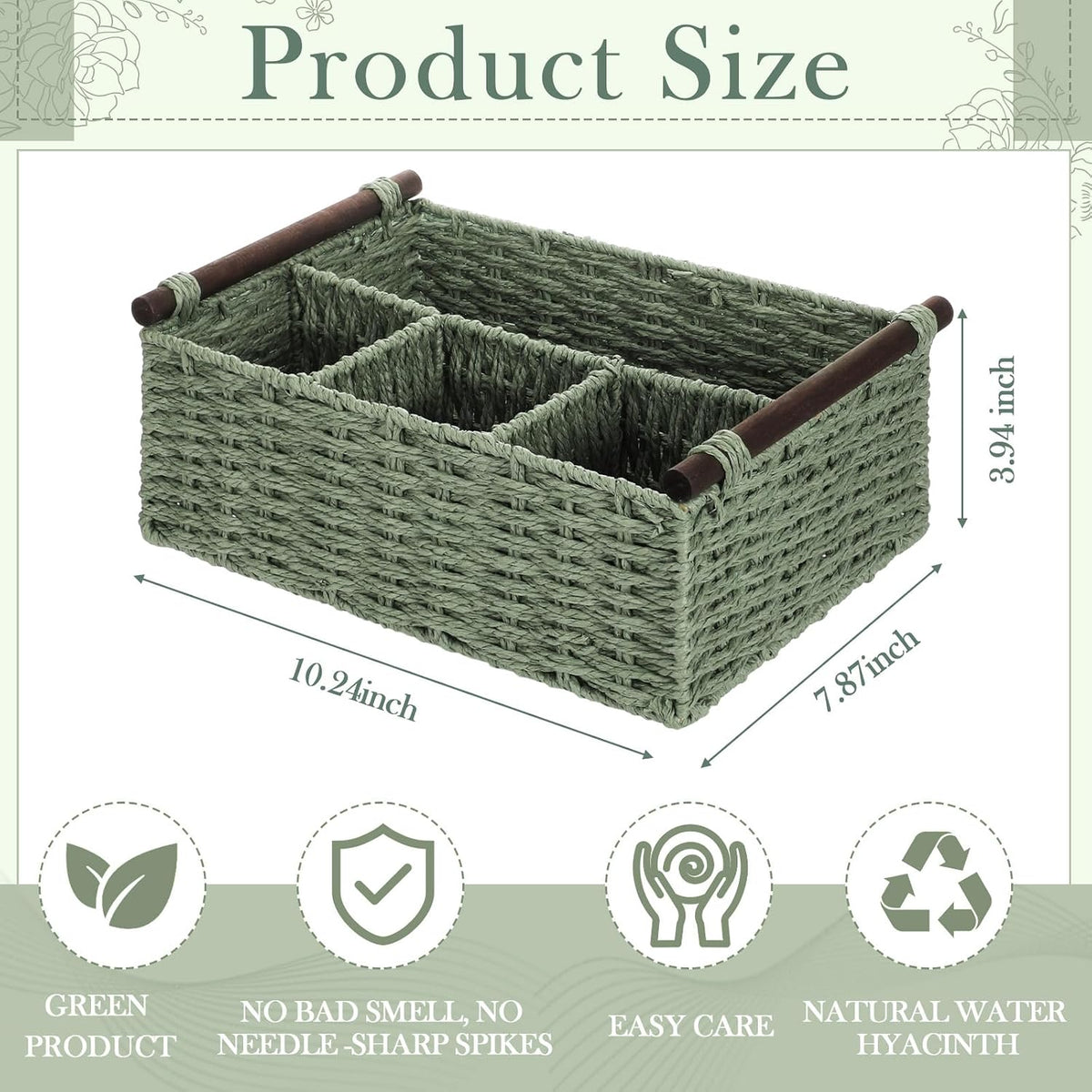 Remerry Sage Green Bathroom Countertop Organizer Caddy, Wicker-Like Divided Basket with Handle and Metal Frame, 4 Compartment, Paper Rope Storage Organizer for Vanity Kitchen (10.24 x 7.87 x 3.94 in)