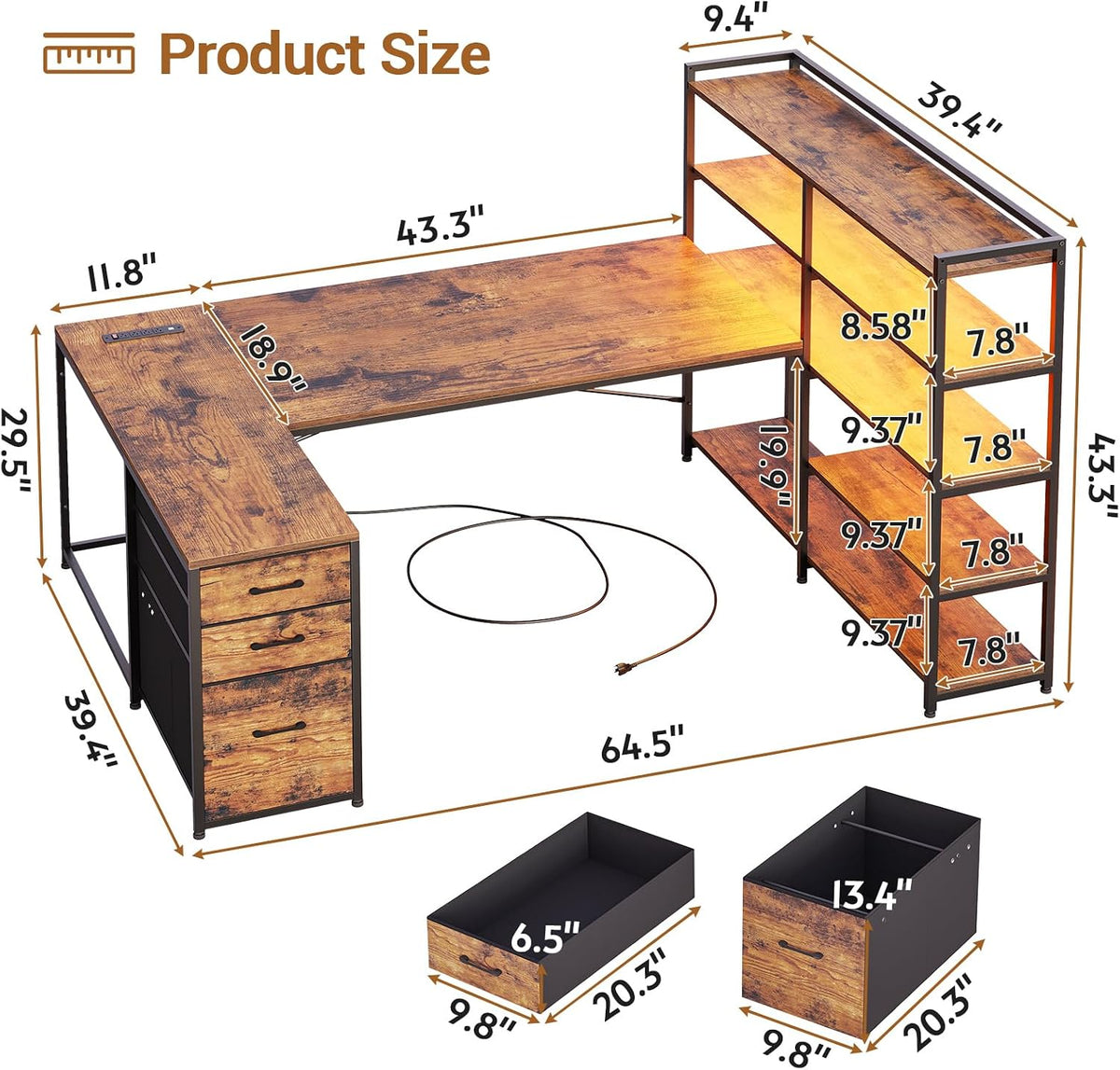 SEDETA 64.5" Reversible L Shaped Office Desk with Storage Drawers, Shelves