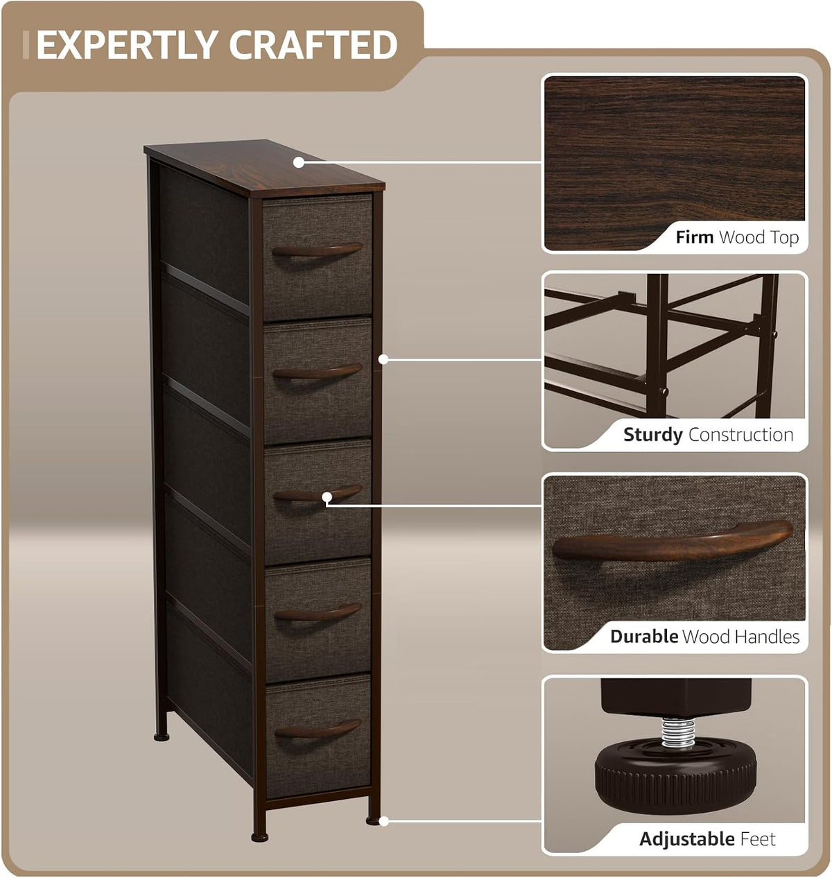 Sorbus 5-Drawer Narrow Dresser for Bedroom (Brown)