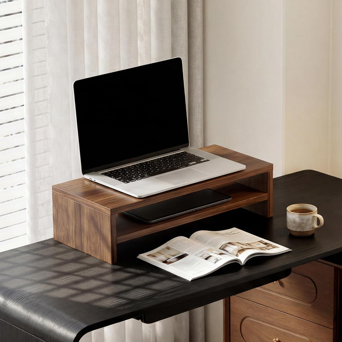 FITUEYES Wooden Monitor Stand Riser, 2-Tier Desk Storage Shelf, Brown