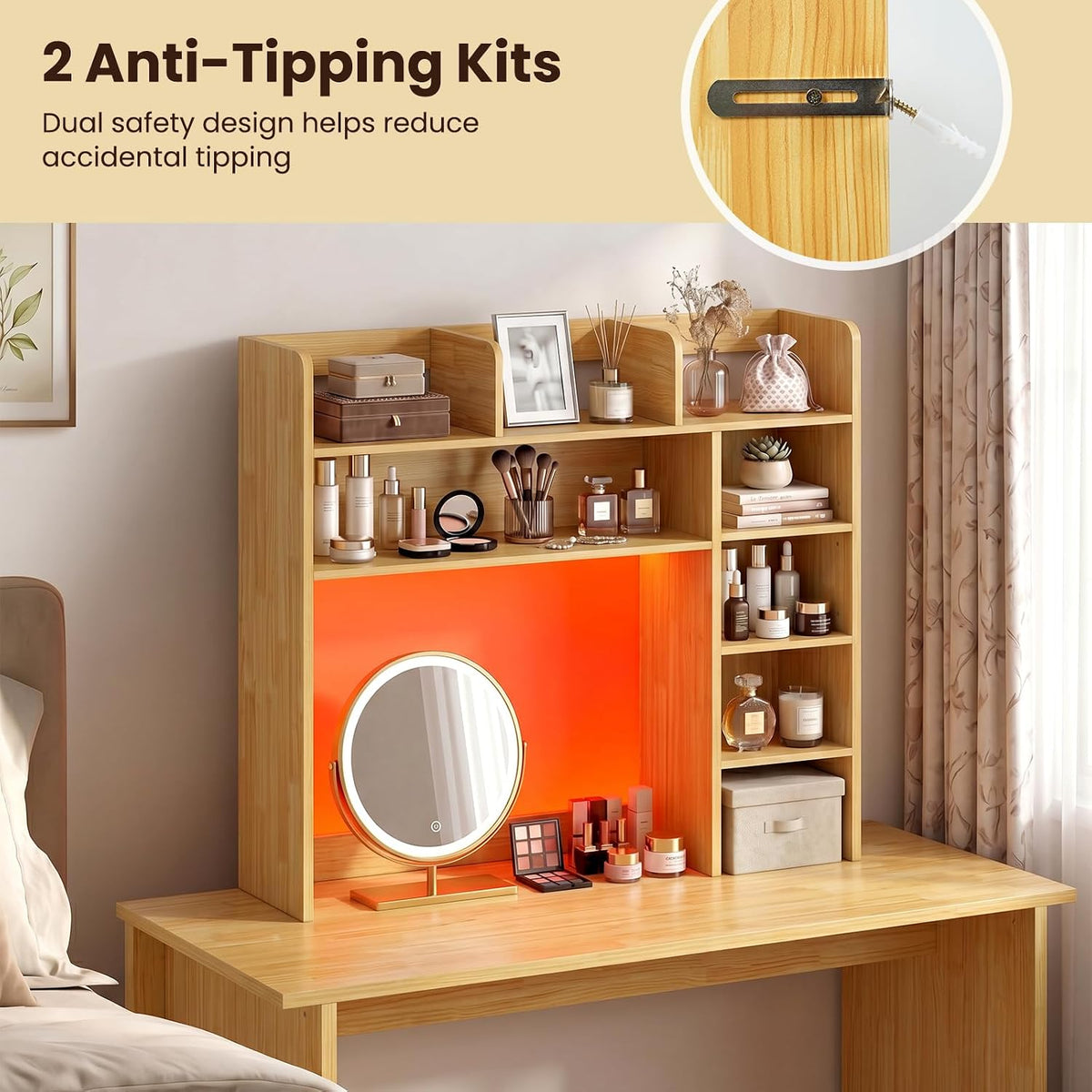 Desktop Bookshelf, Wood Countertop Bookcase with Shelves, Desk Hutch for College Dorm, Multipurpose Desk Organizer Shelf Display Rack for Home Office, Hutch Top Only (Burlywood, 8 Shelf)
