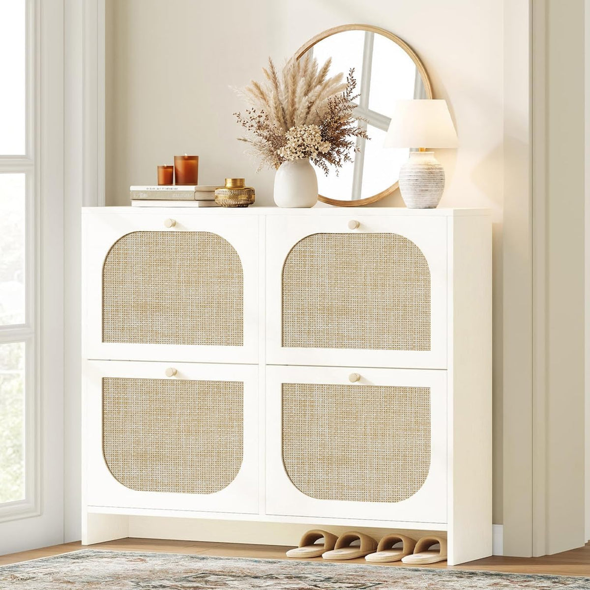 Nicetree Freestanding Ultra Slim Arched Rattan Accent Shoe Storage Cabinet for Entryway - 4 Flip Drawers & 3-Tier Adjustable Shelves, Farmhouse Modern Rustic Shoe Rack for Hallway Foyer,Cloud White
