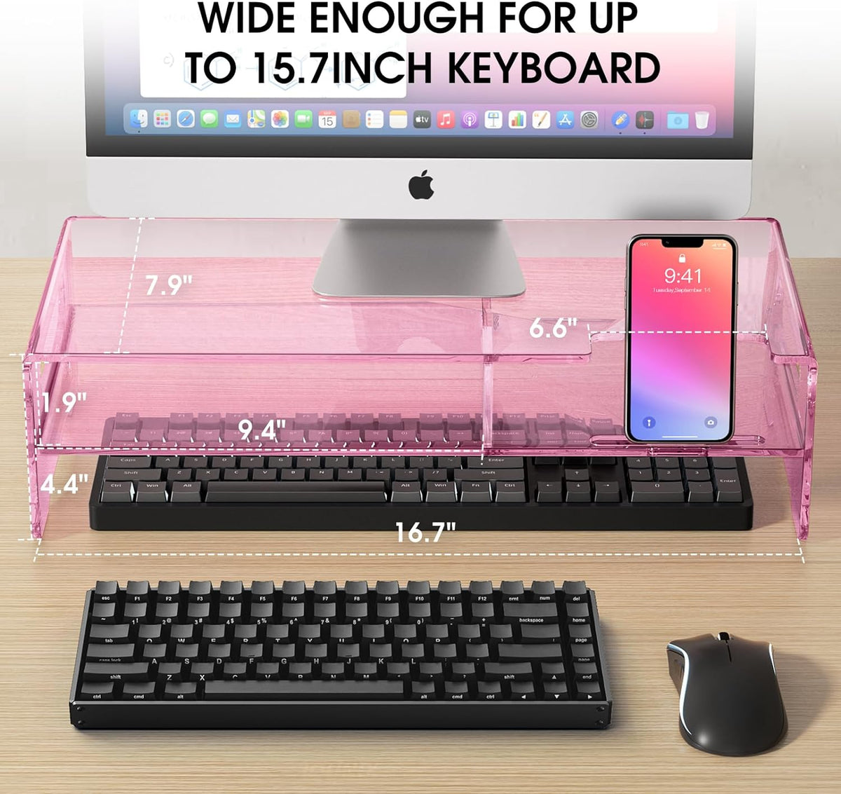 Pink Acrylic Monitor Riser, 2-Tier Desk Computer Stand With Storage & Phone Holder
