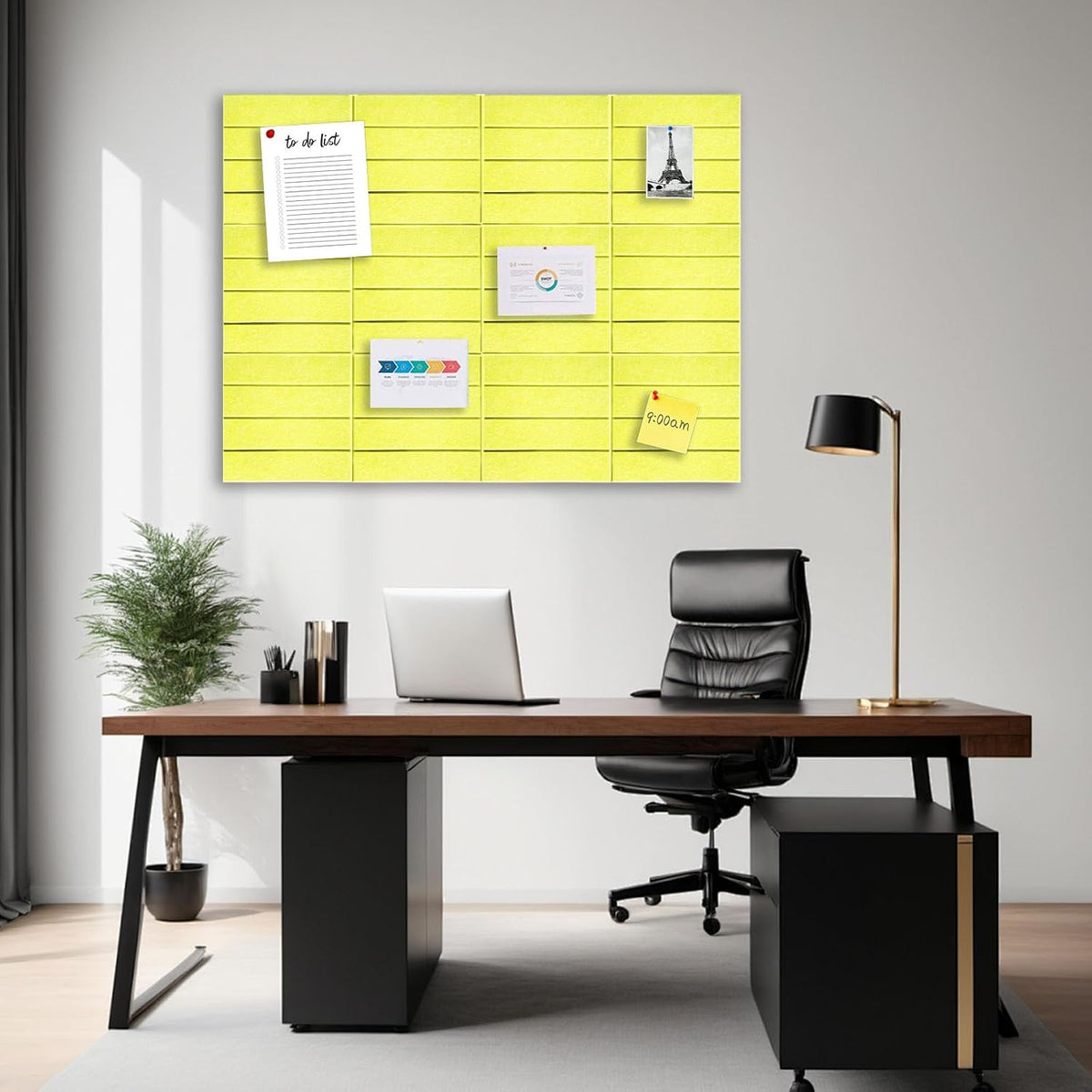 12 Packs Yellow Felt Pin Board, Large 12" Bulletin Board with 30 Push Pins, Felt Board Slat Wall Paneling for Office Home Kitchen, Self-Adhesive Corkboard Tiles for Classroom Message Photos Memos