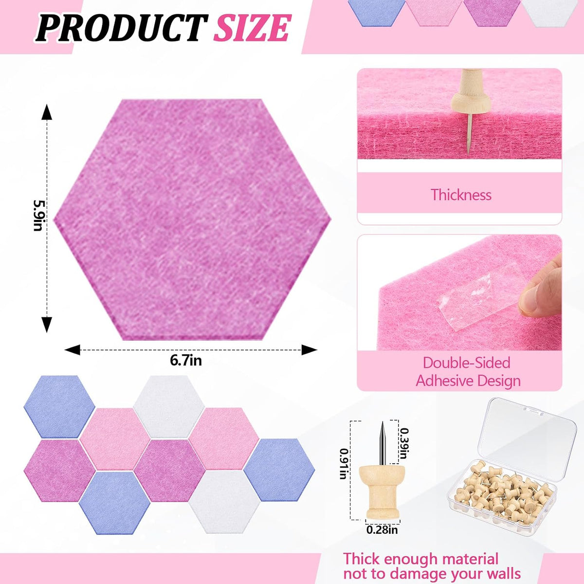 6.7 x 5.9 in 16 Pcs Hexagon Cork Board Tiles, Felt Pin Boards, Pink