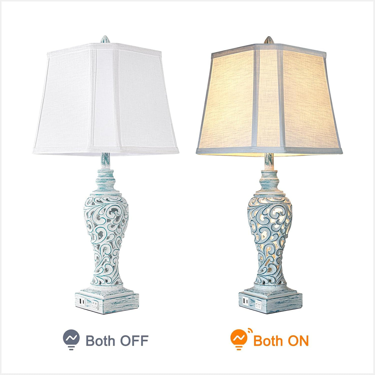 LuxSight Collection Bedside Table Lamps Set of 2 with Night Lights, Vintage