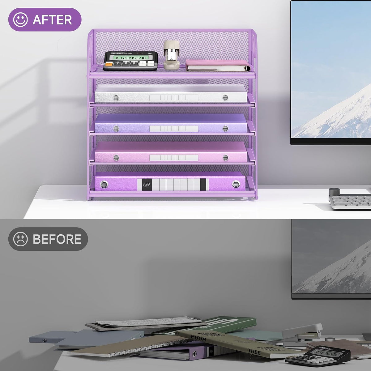 Lavatino Desk Letter Tray Paper Organizer, 5-Tier with Handle Metal Mesh Desktop File Organizer Paper Holder for Classroom Office Desk Accessories- Purple