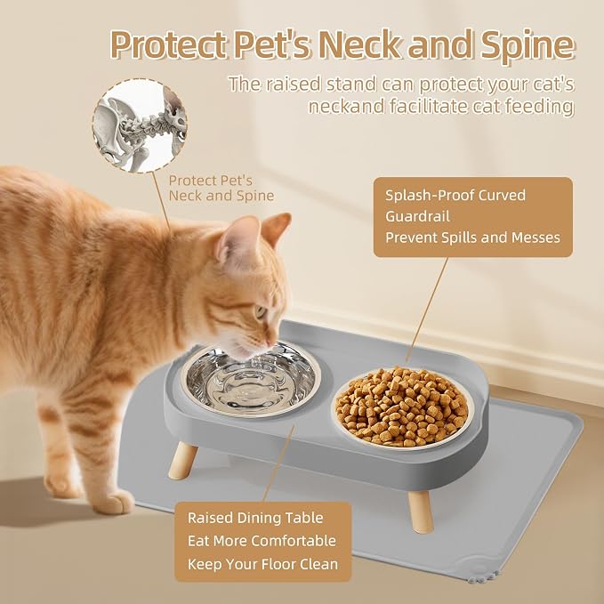 Elevated Cat Bowl with Food Mat, Raised Cat Food and Water Bowl Set