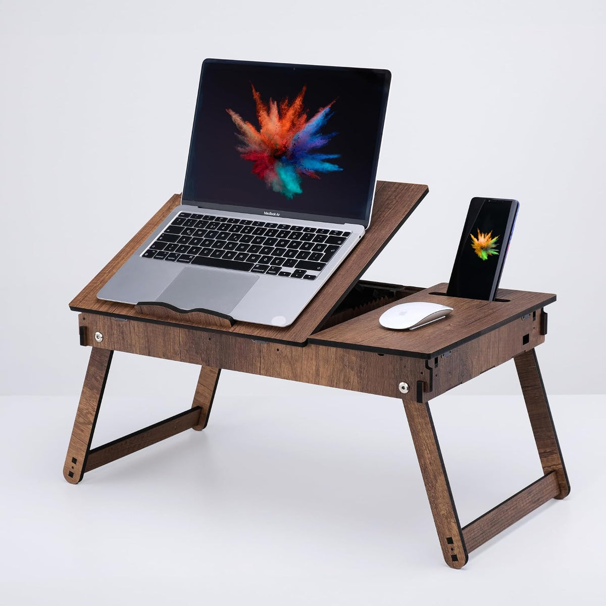 Vigo Wood Laptop Stand with Adjustable Tilt, Folding Legs and Storage Space, Reading Table and Work Desk (Walnut)
