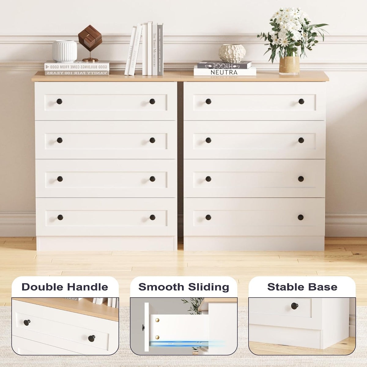 Furnify 4 Drawer Dresser, White Dresser Modern Storage Chest of Drawers, Farmhouse Storage Cabinet Organizer with 4 Drawers for Living Room, Entryway, Hallway, White