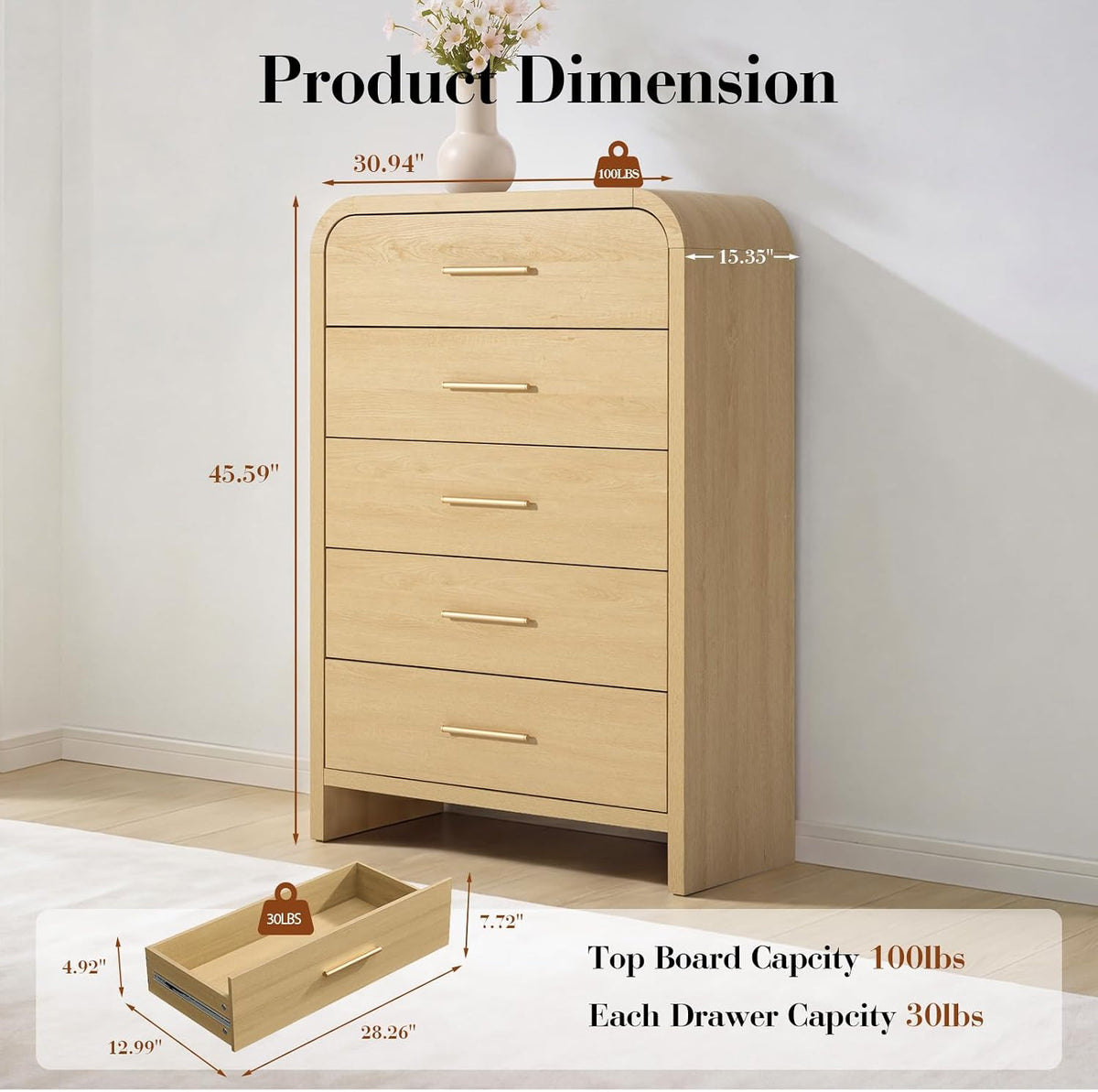 Curved Drawer Dresser for Bedroom with 5 Drawers, 31'' Wide Chest of Drawer