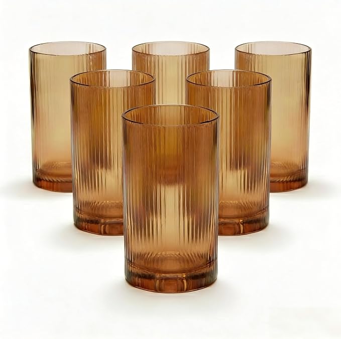 Physkoa Brown Ribbed Drinking Glasses Set of 6 – Vintage Embossed Highball