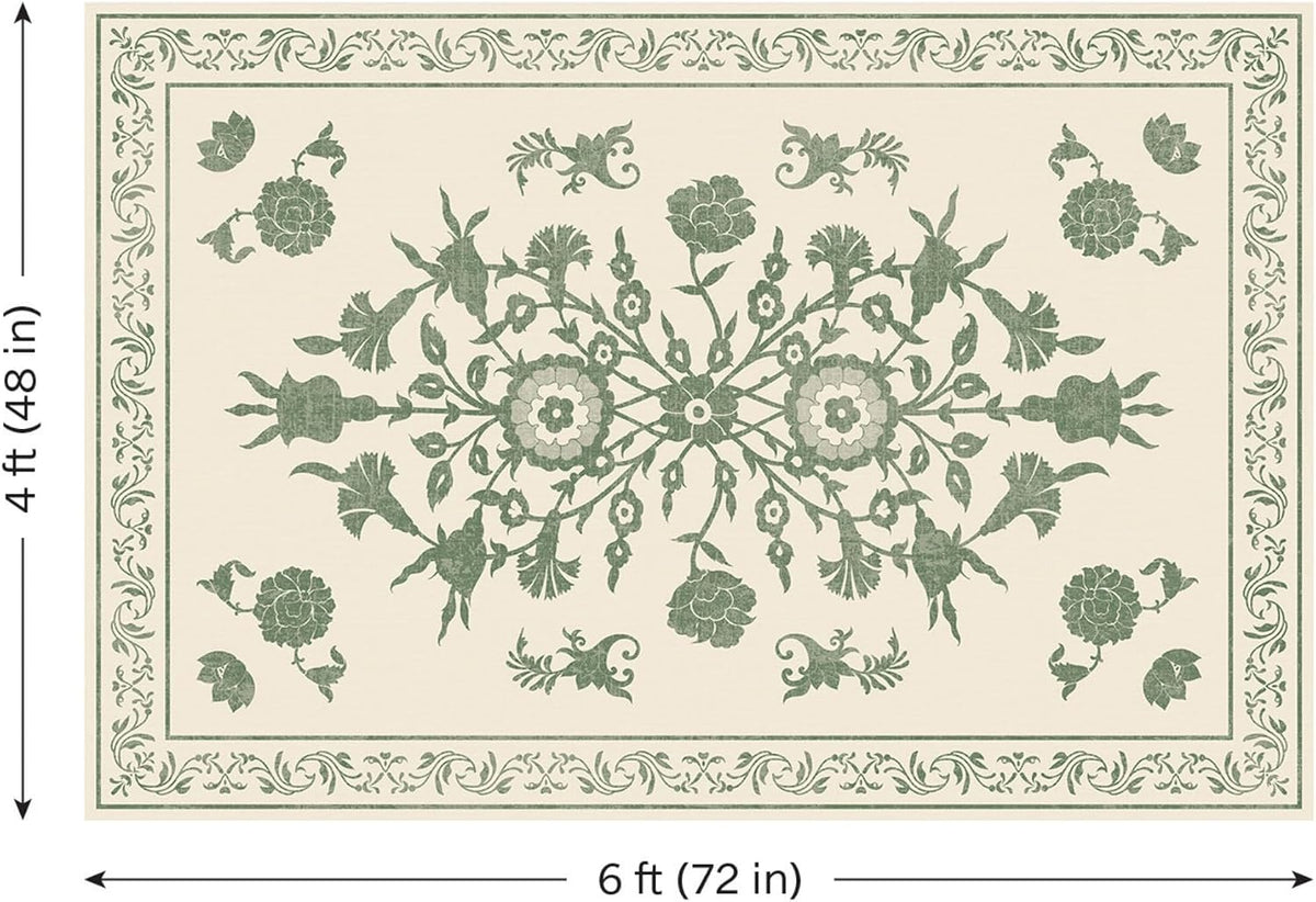 Carolina Creekhouse Vinyl Floor Mat 4'x6' - Green & Cream Floral Pattern - Waterproof Non-Slip Kitchen Rug - Hard Floor Safe - Eco-Friendly Flat Weave - 4'x6'