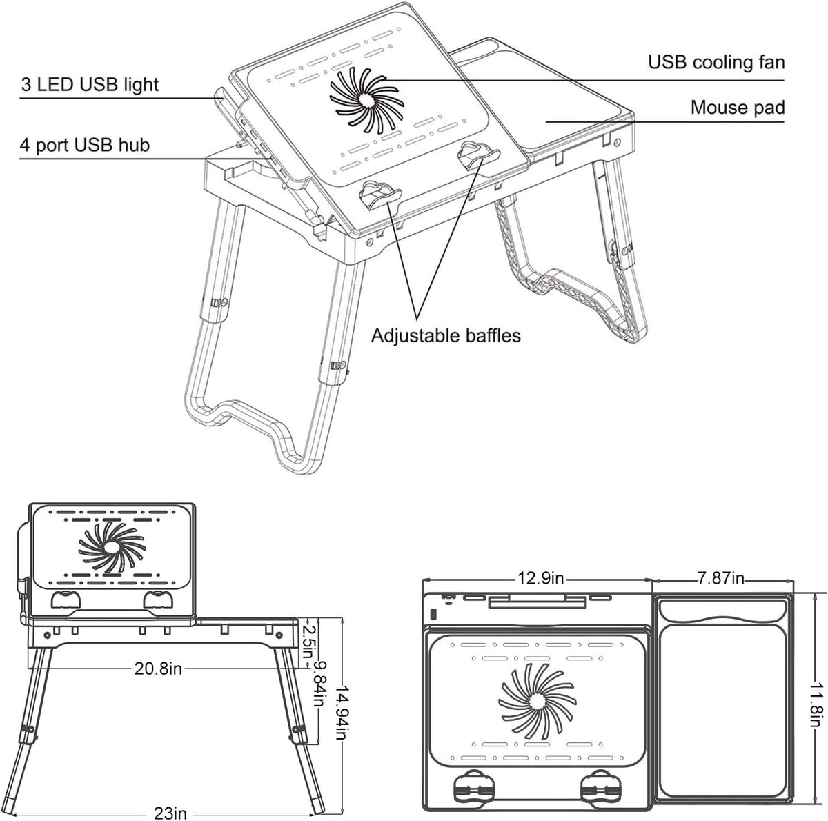 TeqHome Laptop Desk for Bed, Adjustable Table with Fan, Portable Lap Desk, Foldable Legs, Stand for Couch Sofa, Tray with LED Light, 4 USB Ports, Storage, Mouse Pad