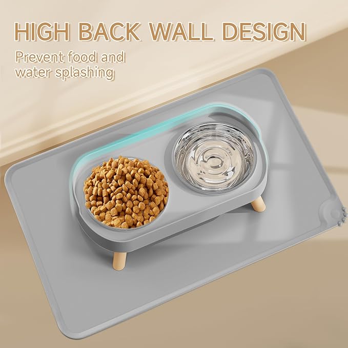 Elevated Cat Bowl with Food Mat, Raised Cat Food and Water Bowl Set