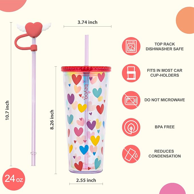 bzyoo 24 oz SIP Tumbler with Heart-Shaped w/Wing Straw Cap Cover – Cute Heart