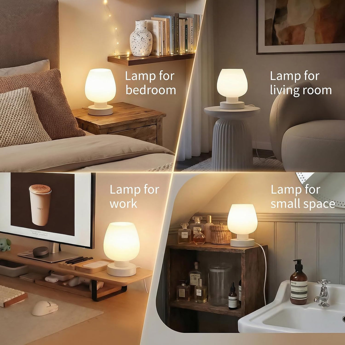 Touch Bedside Table Lamp - Small Lamp for Bedroom with USB C+A Charging Ports 3 Way Dimmable, Nightstand Desk lamp with White Opal Glass Lamp Shade Warm LED Bulb Included, Simple Design Gifts