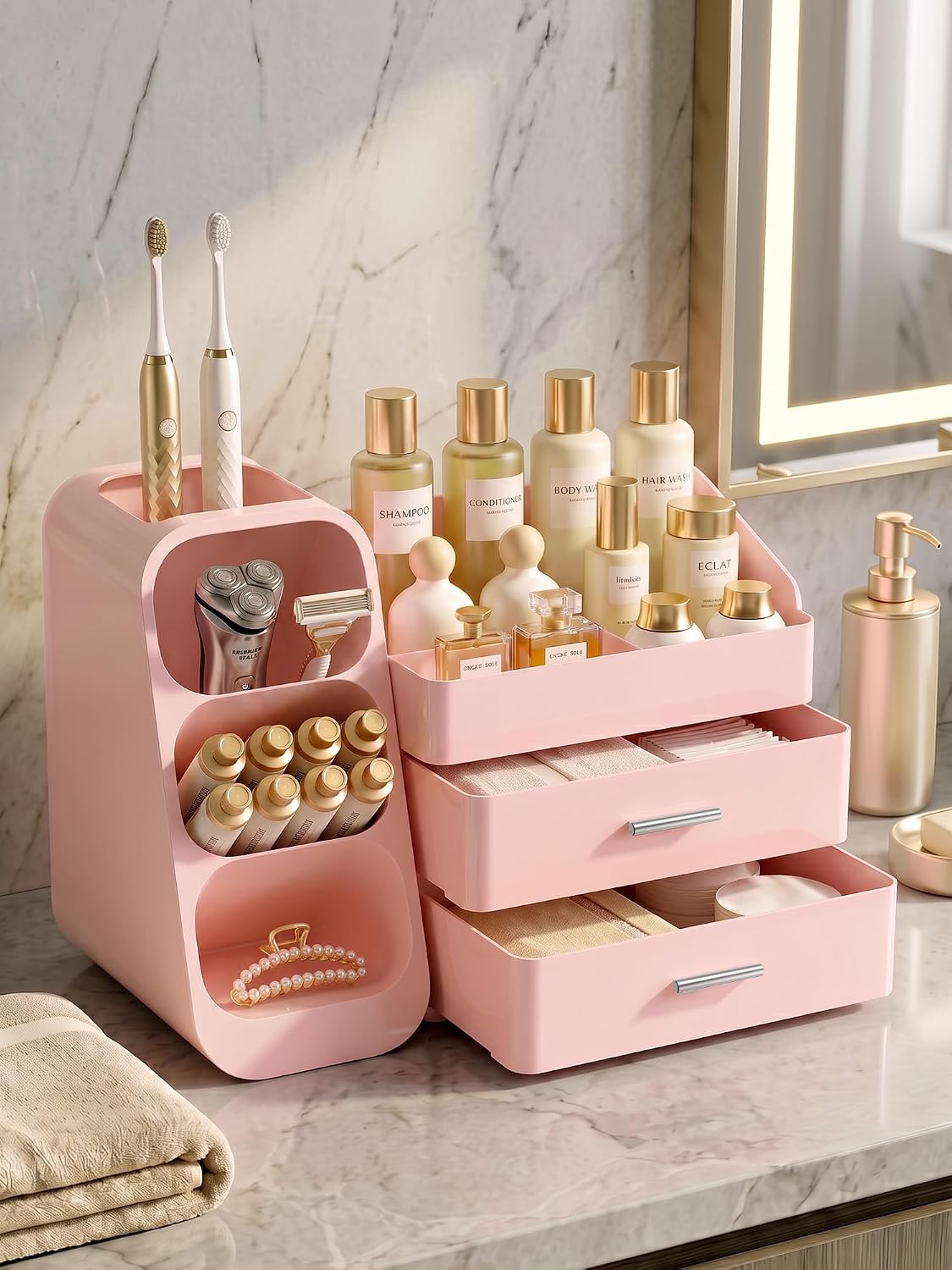 Booklov Large Makeup Organizer for Vanity Countertop, Pink