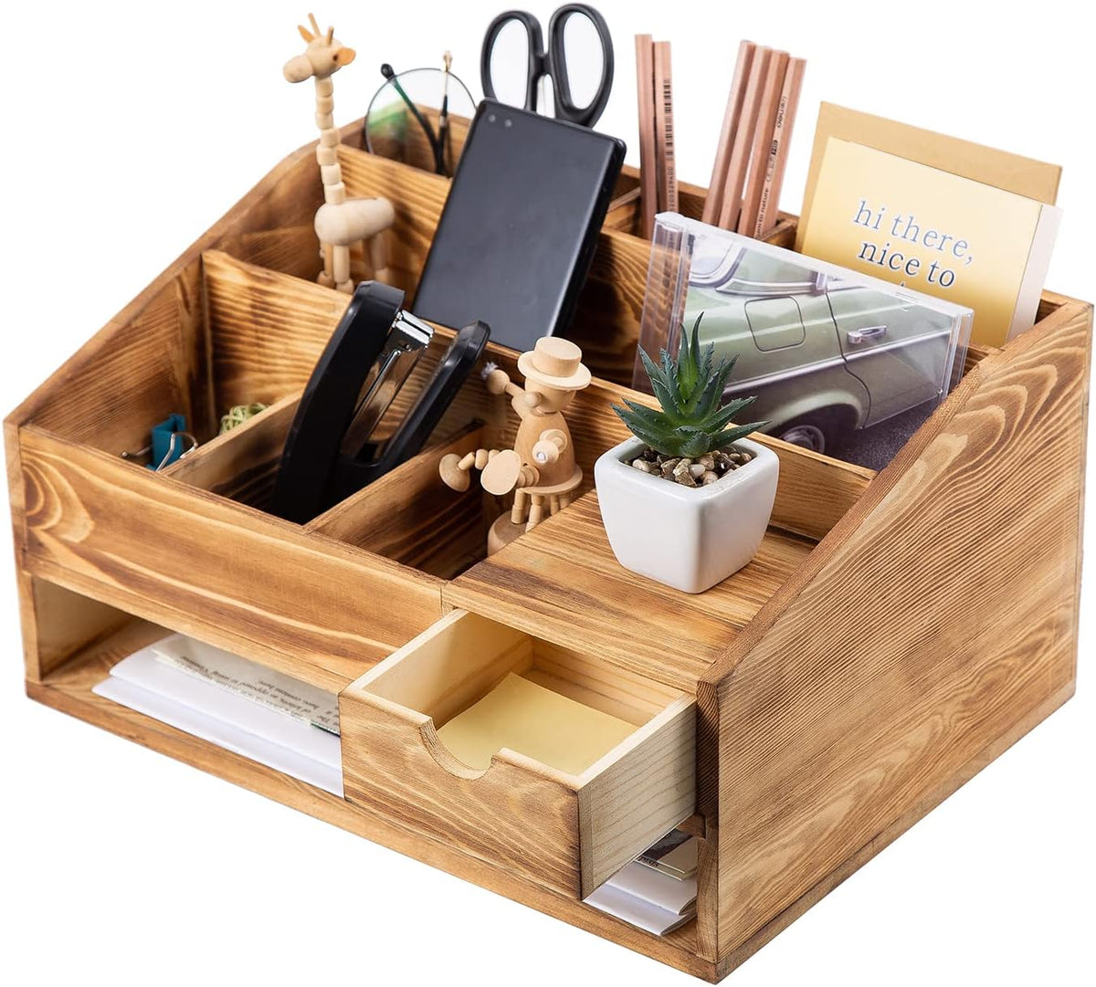 Wood Desk Drawer Organizers with File Organizer Pen holder Decor combo for Desk Organization, Office Desks, Home can arrange calculators, scissors, pens, note papers, etc. (Baked color)
