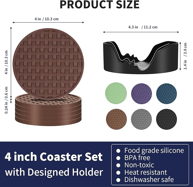 Brown Silicone Coaster with Holder Set of 6, 4 Inch Non-Slip Cup Mats | Round