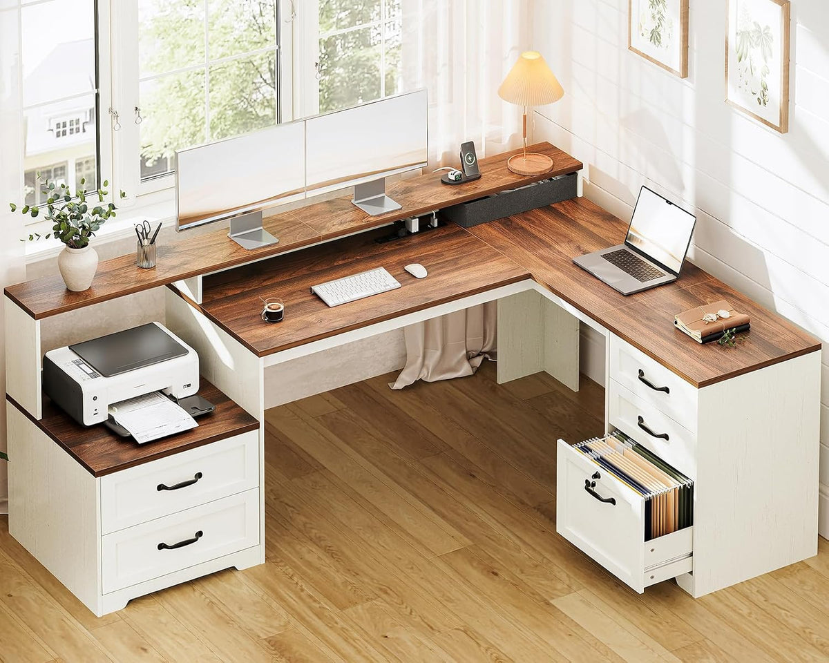 OffiGo Farmhouse 68 Inch L Shaped Executive Desk with Drawers, Walnut+White