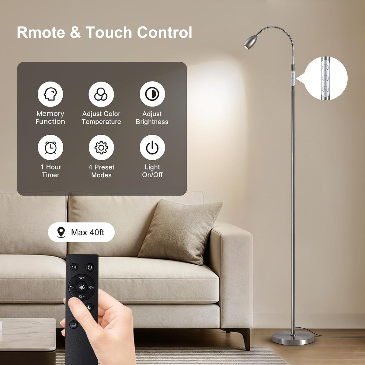 72" Reading Floor Lamp,Gooseneck LED Lamp with Zoomable Spotlight,Nickel