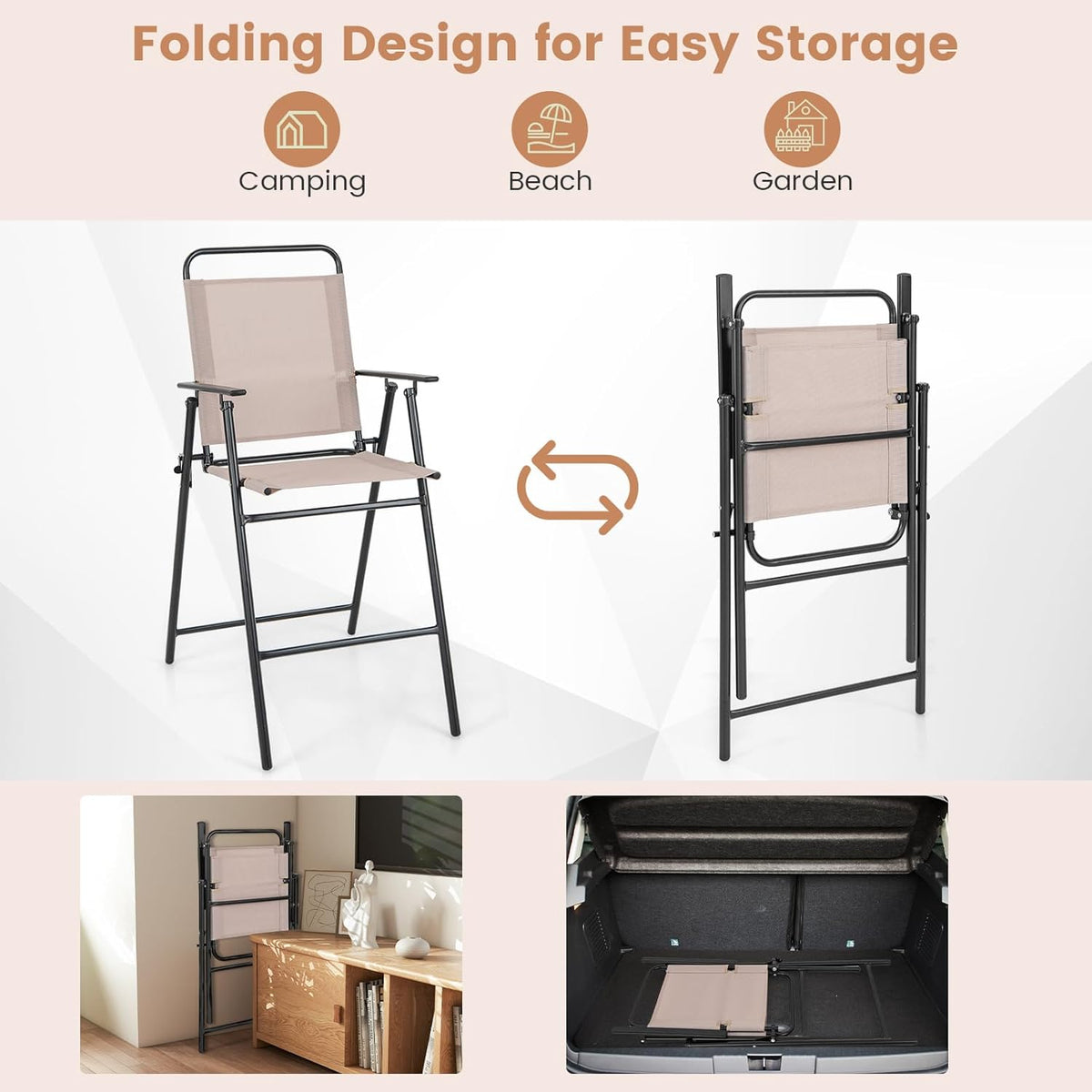 COSTWAY Outdoor Folding Bar Chairs Set of 2 with Armrest and High Back