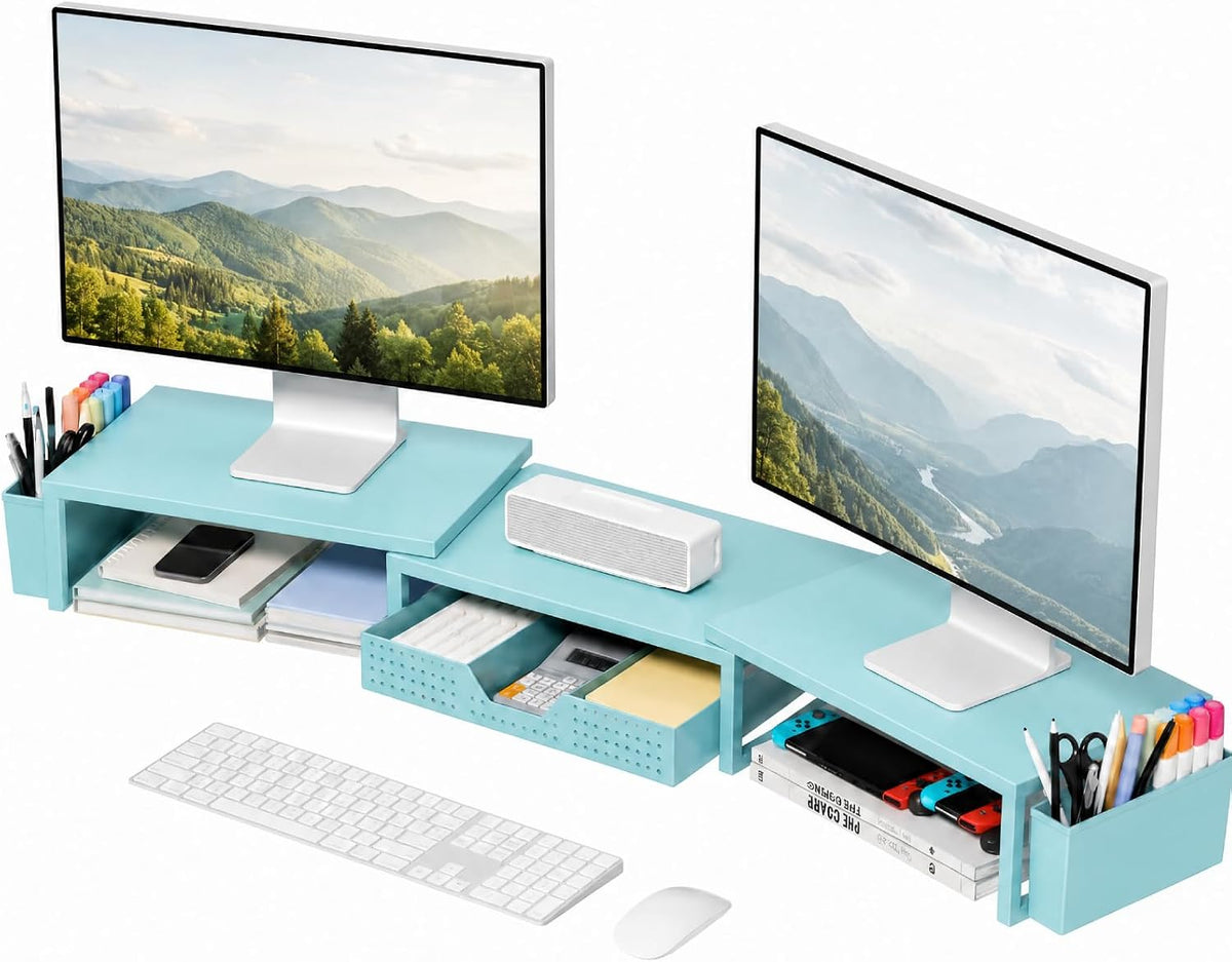 Desk Organizers and Accessories, Dual Monitor Stand Riser with Drawer and 2 Pen Holders, Desk Shelf Computer Racks & Printer Stand for Office Workspace Organizers, Desktop Organization (Blue)