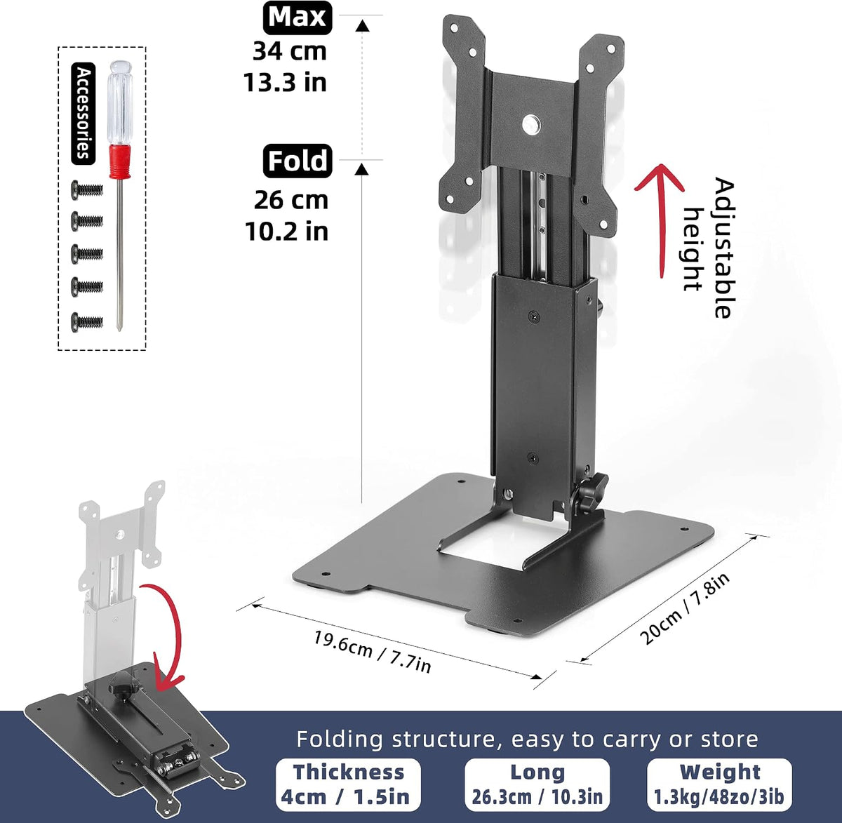 WEARSON Folding Monitor Stand - Height Adjustable Vesa Monitor Stand, Tilt, Rotation Free Standing Low Profile Desk Mount for Single Monitor up to 28 inch Screens Upgrade WS-03T