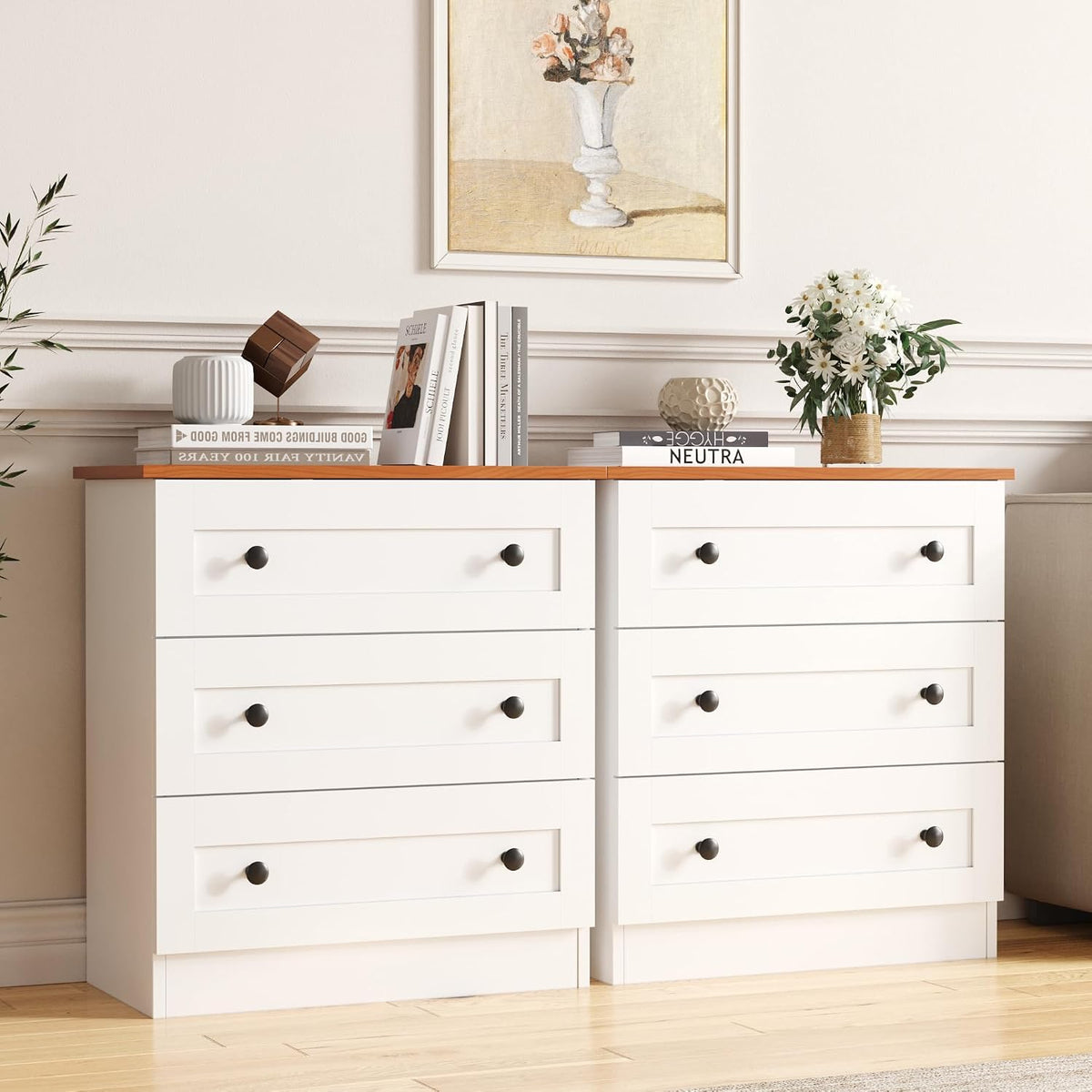 Furnify Farmhouse 3 Drawer Dresser, Small Chests of Drawers, White & Walnut