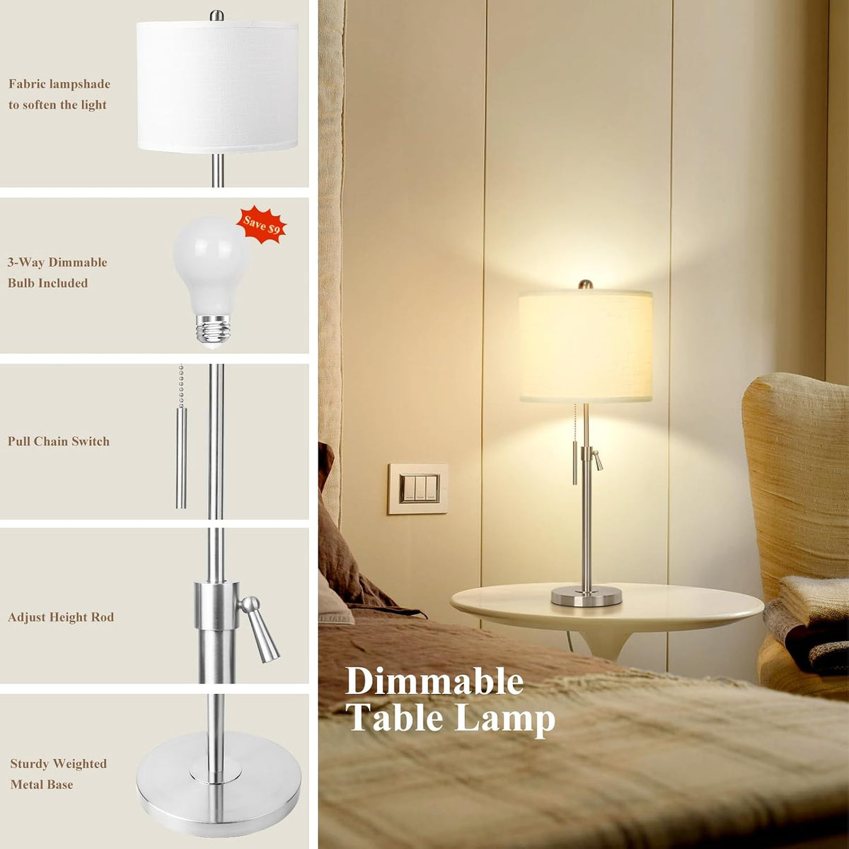 Qingmiao Table Lamps Set of 2, 22" to 30" Adjustable Nightstand Lamps for Bedroom, Dimmable End Table Lamps for Living Room Console Entry Farmhouse Home Decor, New House Warming Gifts