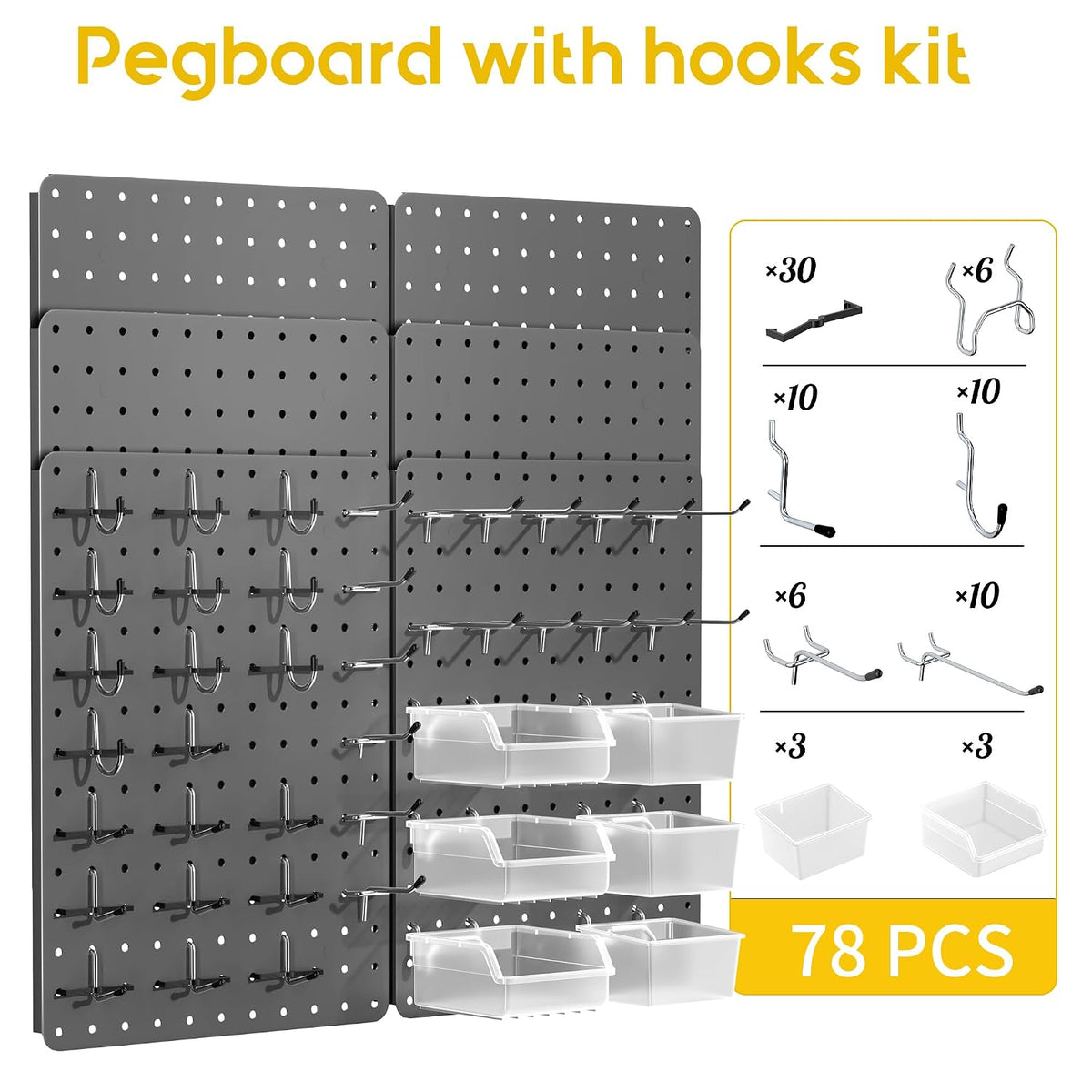 Pegboard Organizer Kit, 6 Pack 12 x 16 in Steel Metal with 6 Bins, Gray