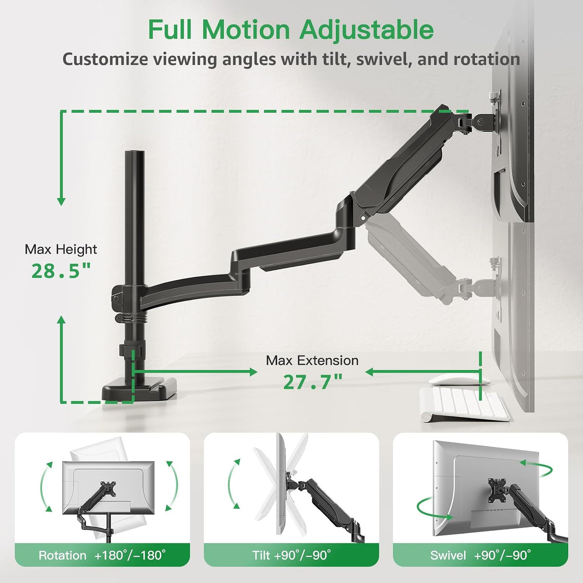MOUNT PRO Single Long Monitor Arm, 13 to 32 inch Computer Monitor Desk Mount, Extra Long Adjustable Screen Stand, Tall Display Mount with Tilt, Swivel, Rotation, Hold up to 19.8lbs, VESA 75/100mm