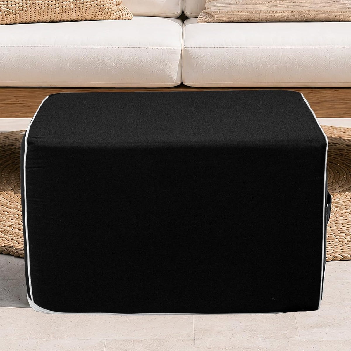 Patio Outdoor Ottoman & Footrest Pouf – All-in-One Foam-Filled Design, Weather-Resistant Zippered Removable Cover, Rectangular Shape (22" x 16" x 14") (Black)
