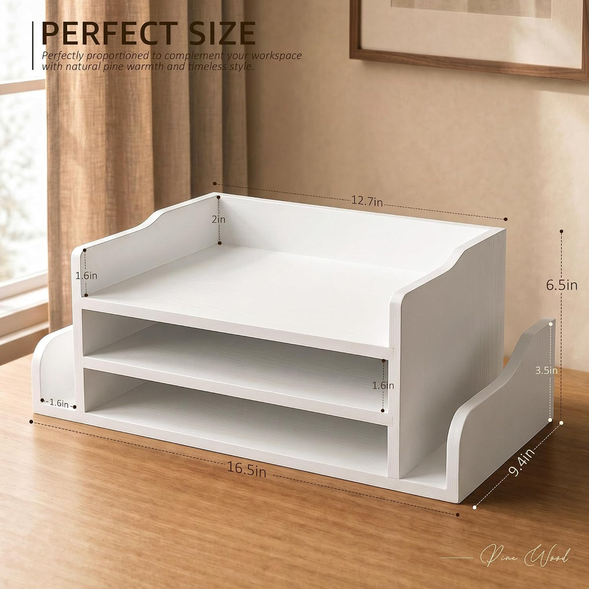 Wood Desk Organizer: File Organizer with 3-Tier Shelf for Office Desk,White