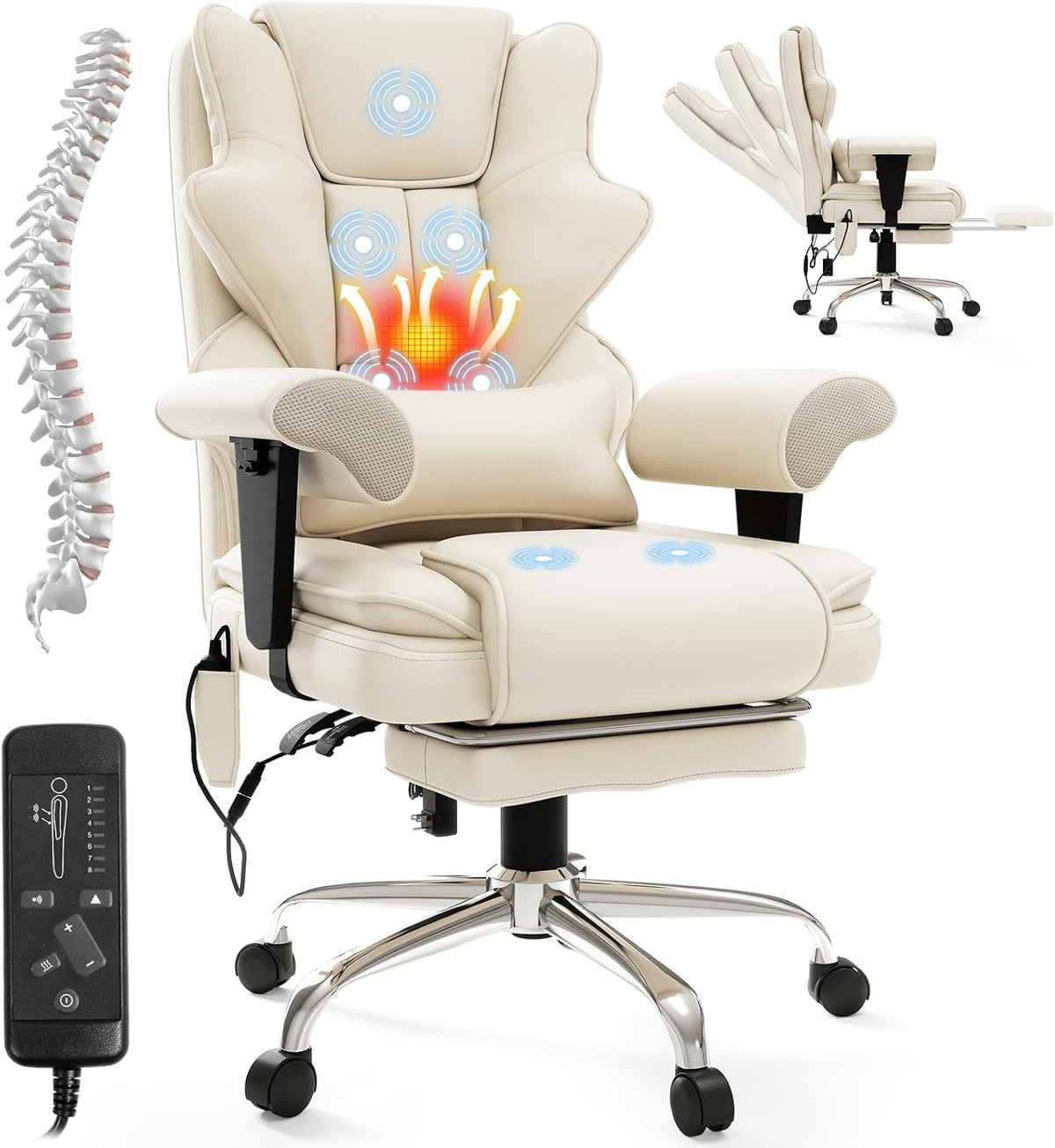7-Point Massage Heated Executive Office Chair with Footrest, Beige
