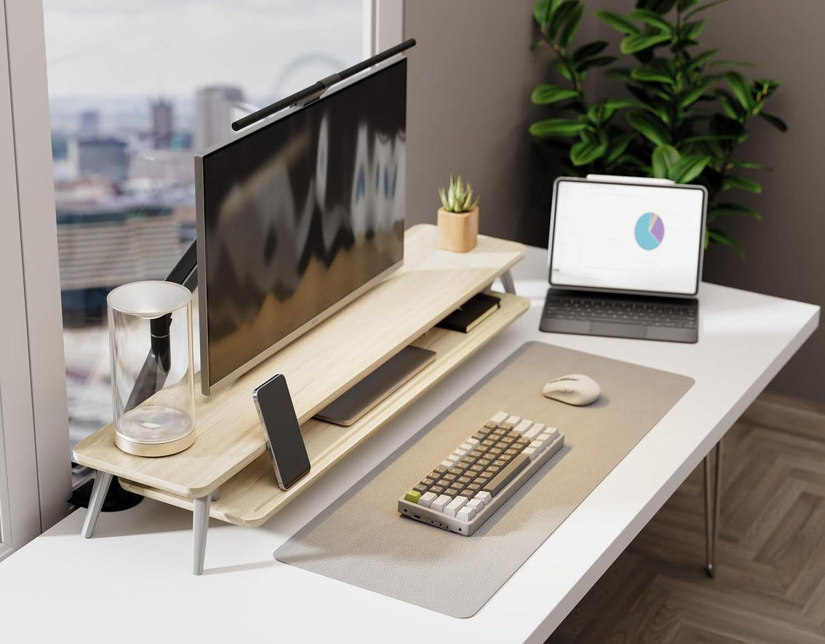 Fenge Dual Monitor Stand Riser, Wooden Desk Shelf with 2-Tier Storage