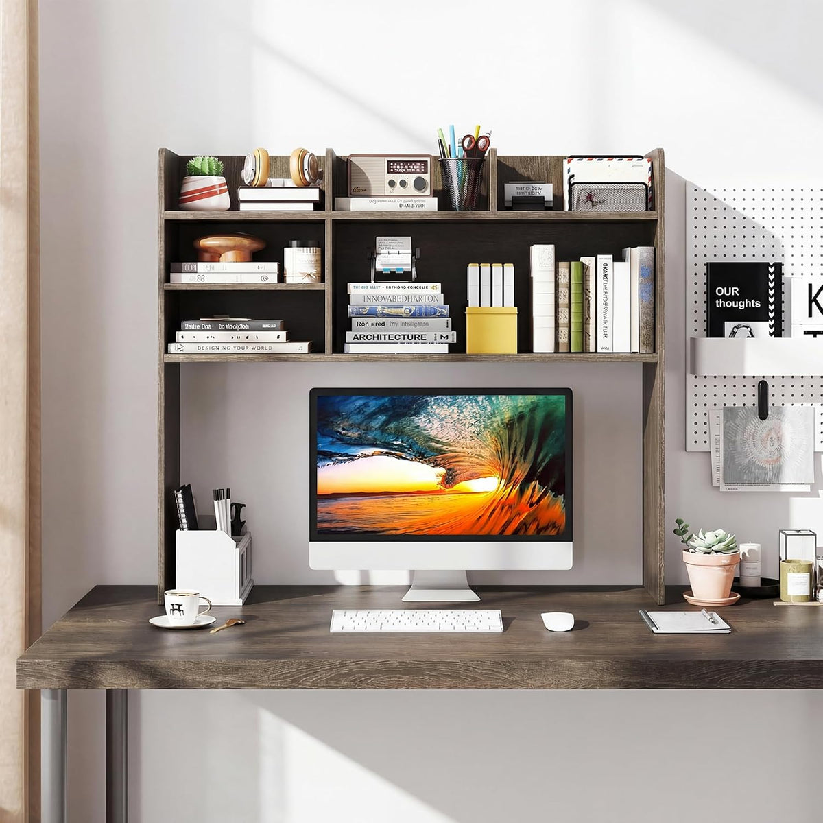 GIANTEX Desktop Bookshelf, 37" Desk Hutch Dorm for Computer Up to 32 Inch, Countertop Hutch w/6 Storage Shelves, 3-Tier Desktop Organizer Display Rack, Wood Desk Shelf for Home Office (Grey Oak)