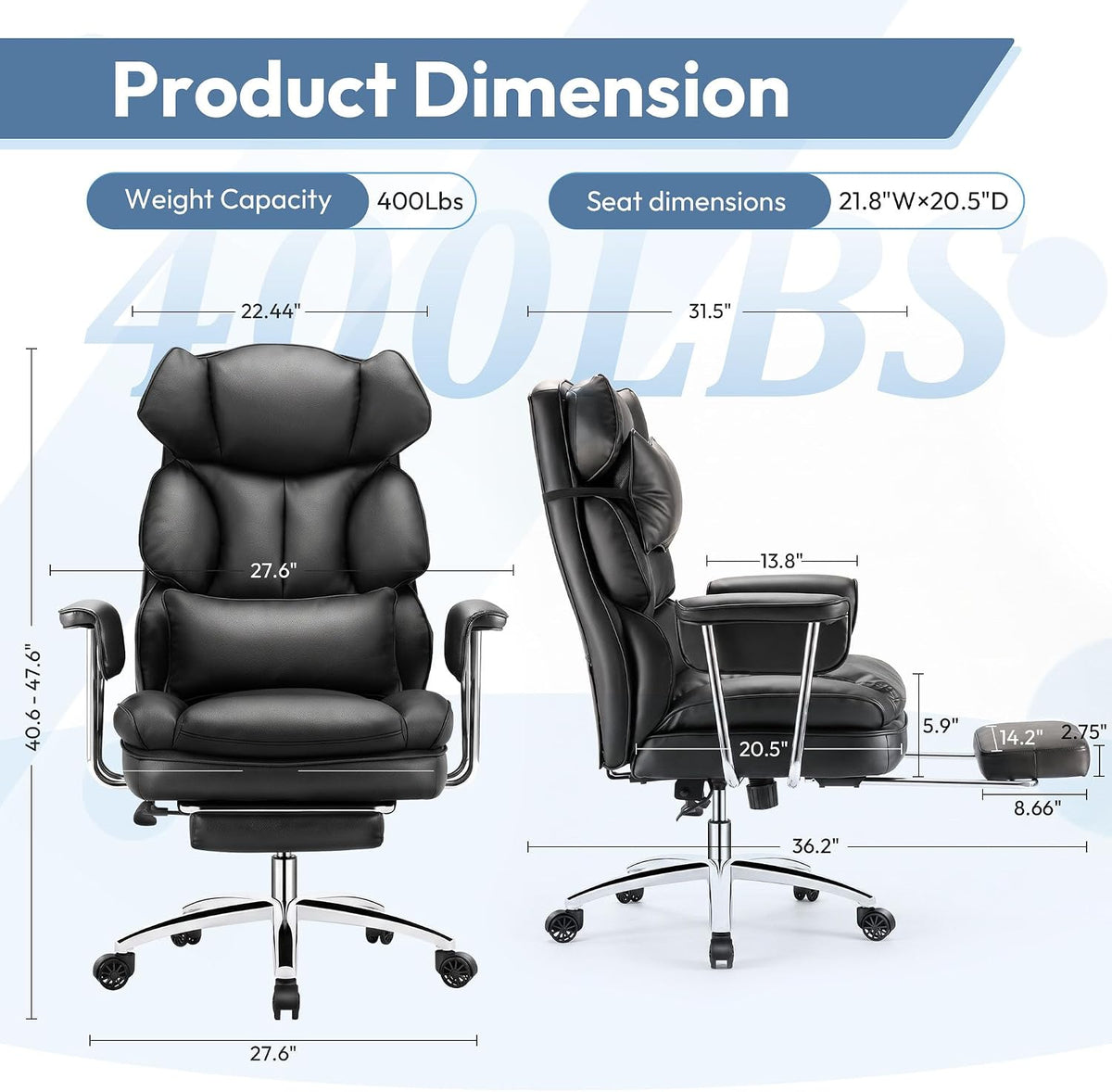 Big and Tall Office Chair, Ergonomic Leather Recliner Computer Chair, Black