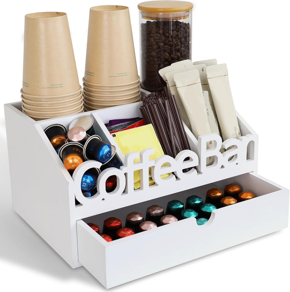 Coffee Bar Organizer Countertop,Wood Coffee Station with Drawer,Home&Office