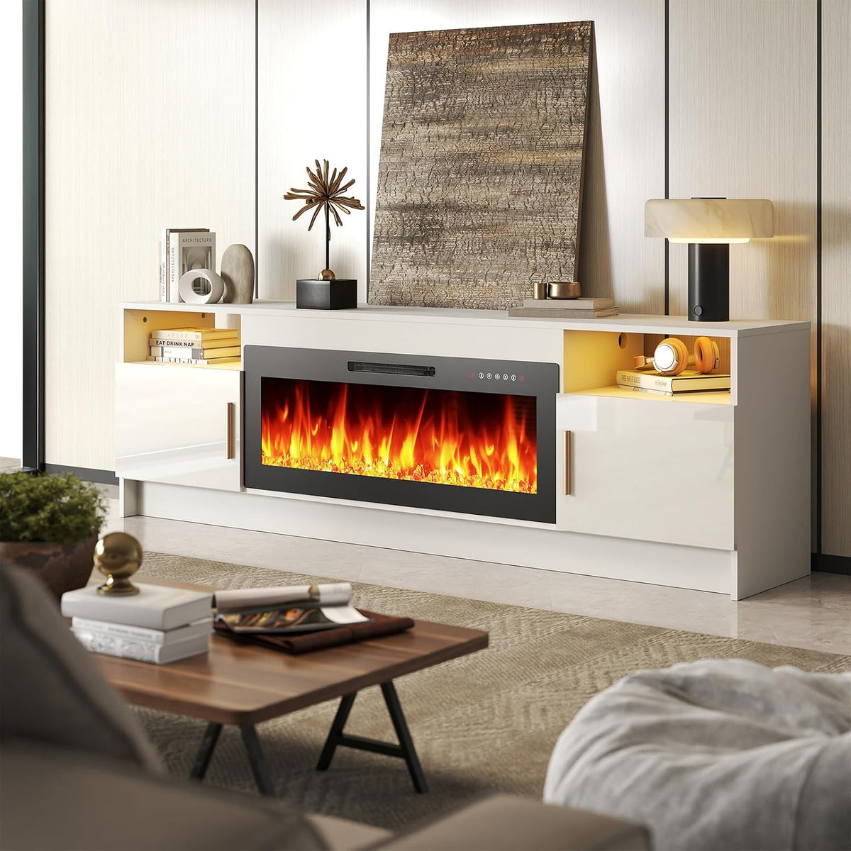 70 Inch TV Stand with 36 Inch Electric Fireplace, Modern White Glossy Doors Entertainment Center for TVs Up to 80", TV Media Console with 20 Color LED Lights and Storage Cabinets for Living Room