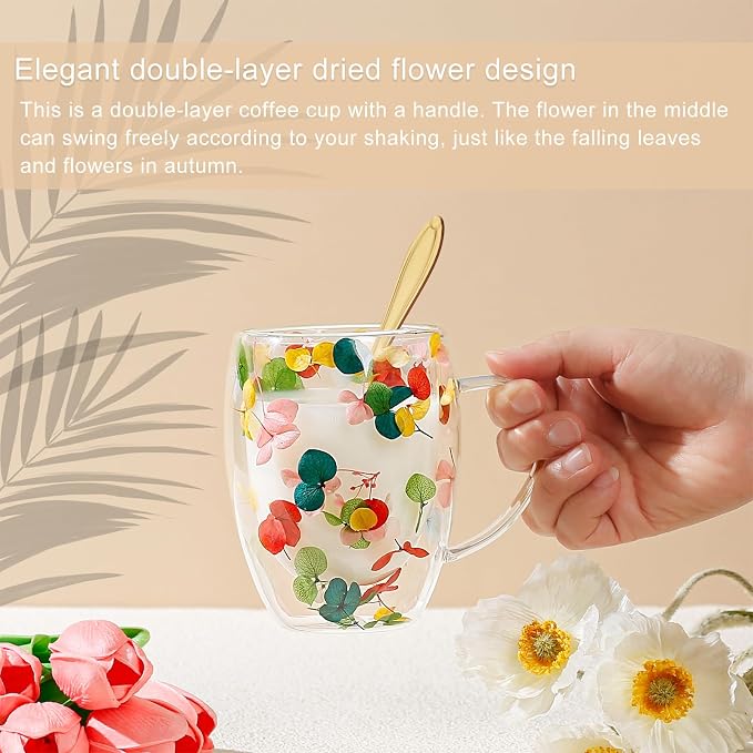 Gifts for Women Dried Flowers Double Wall Glass Coffee Mugs Cute Glass Tea Cups