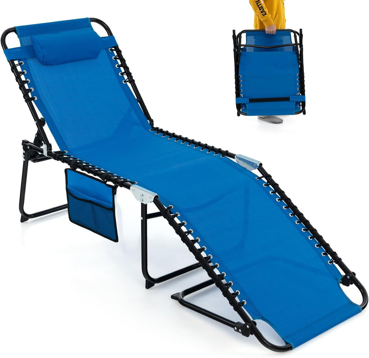S AFSTAR Outdoor Lounge Chair, Folding Patio Chaise Lounge with 4-Positions Backrest, Side Pocket & 2-Position Footrest, Portable Sunbathing Beach Chair Outside for Beach Patio Deck (1, Navy)