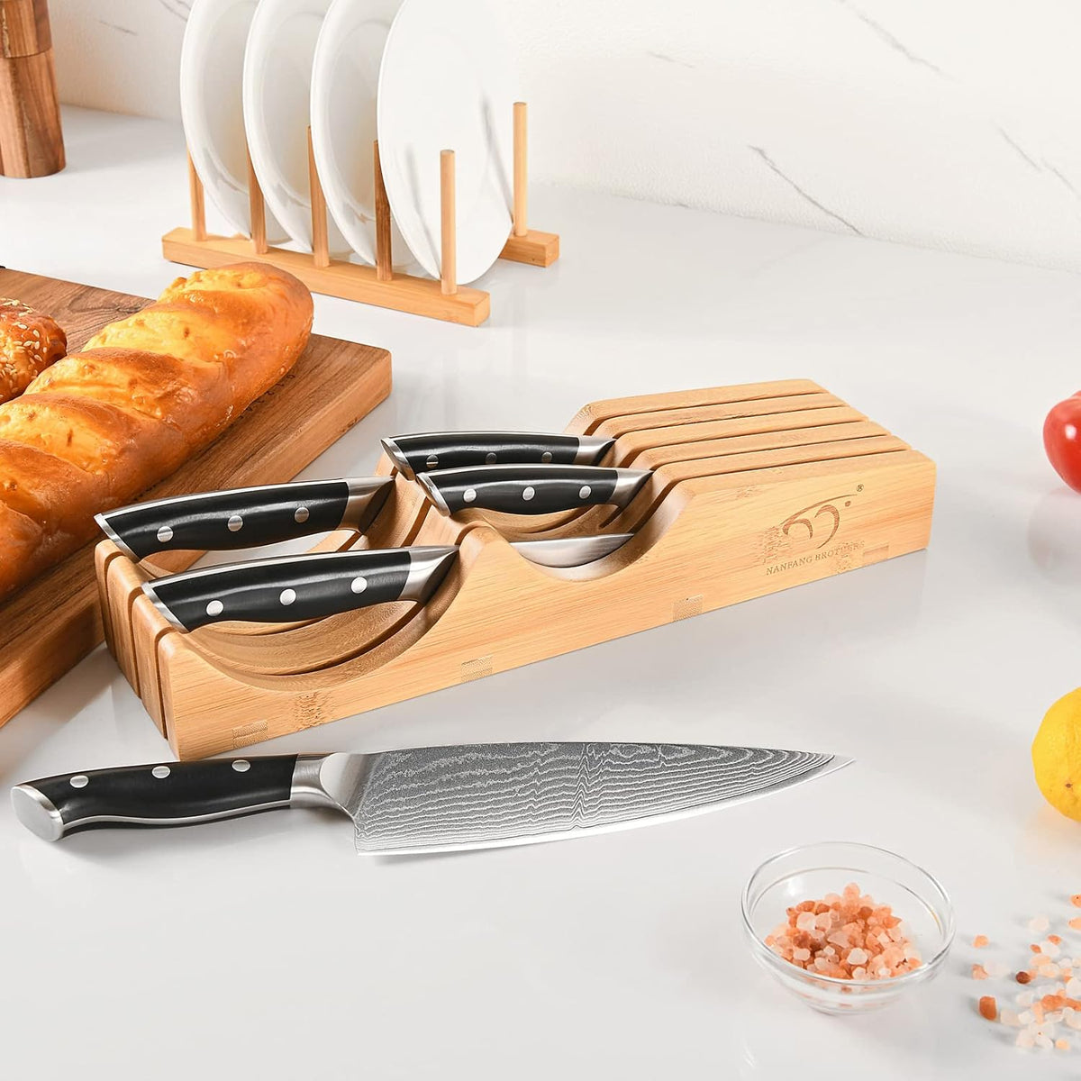 NANFANG BROTHERS Knife Drawer Organizer with 5 Pieces Damascus Knives