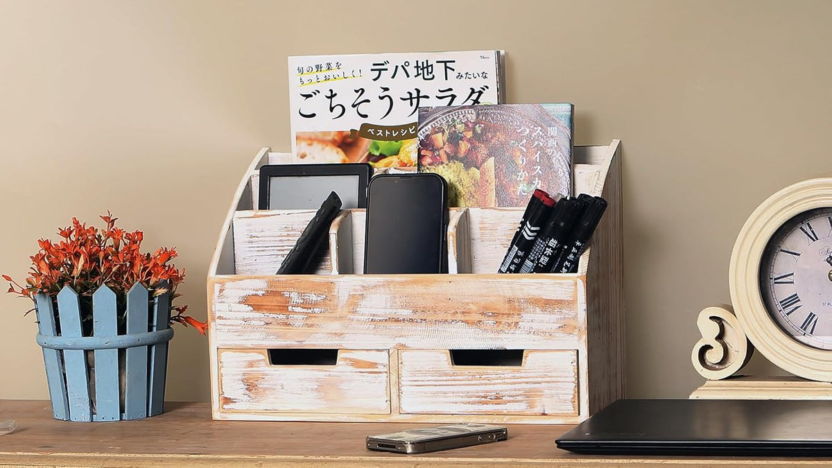 Rustic White Wooden Desk Organizer 2 Drawer Shelf,Mail Rack