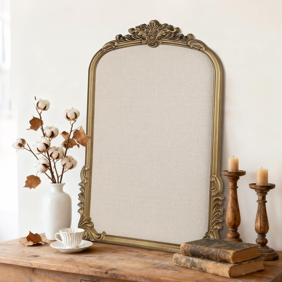 Arch Fabric Pin Board, 19" x 27" Vintage Bulletin Board with Gold Frame