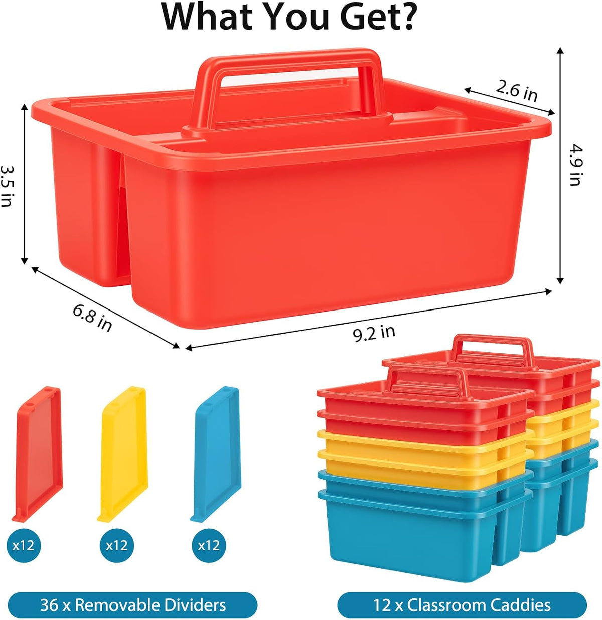 12 Pack Classroom Caddy, Plastic Caddies with Handle & Removable Dividers