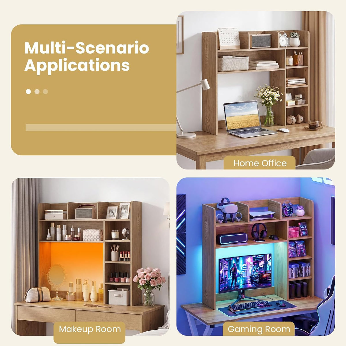 Desktop Bookshelf, Wood Countertop Bookcase with Shelves, Desk Hutch for College Dorm, Multipurpose Desk Organizer Shelf Display Rack for Home Office, Hutch Top Only (Natural, 8 Shelf)